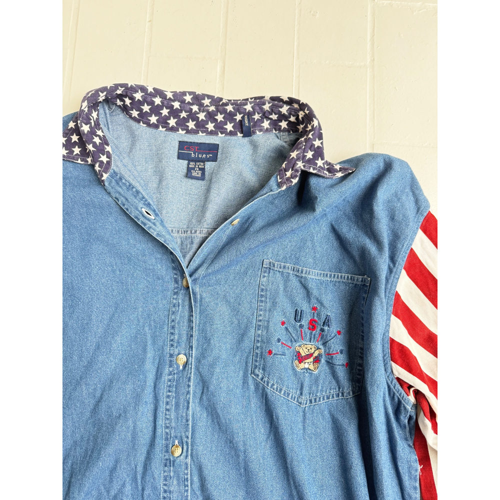 Vintage 90's Denim‎ Womens Shirt Size 26 American Flag Embroidered Bear USA - Picture 3 of 6